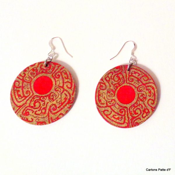 Boucles d'oreille en carton - Rondes - Rouge Or - Argent 925