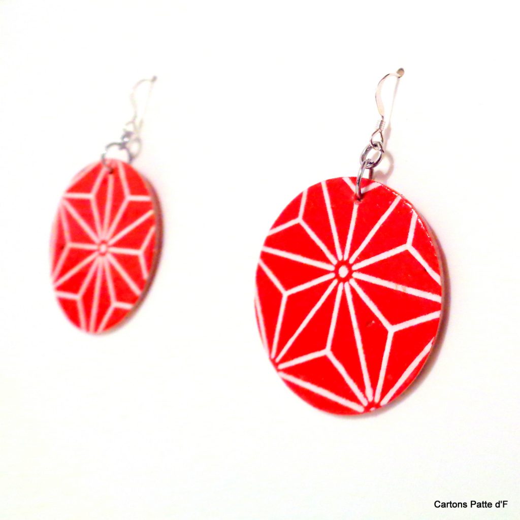 Boucles d'oreille en carton - Rondes - Rouge étoilé - Argent 925