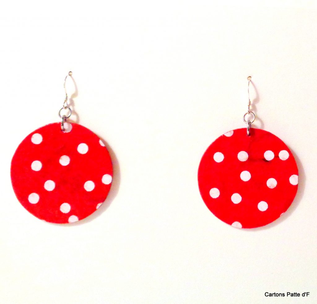Boucles d'oreille en carton - Rondes - Rouge à petits pois blancs - Argent 925