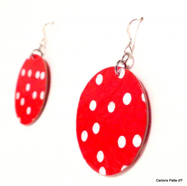 Boucles d'oreille en carton - Rondes - Rouge à petits pois blancs - Argent 925