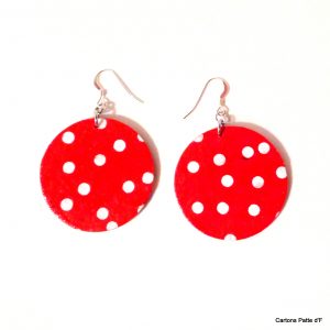 Boucles d'oreille en carton - Rondes - Rouge à petits pois blancs - Argent 925 – Image 2