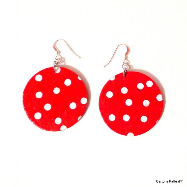 Boucles d'oreille en carton - Rondes - Rouge à petits pois blancs - Argent 925