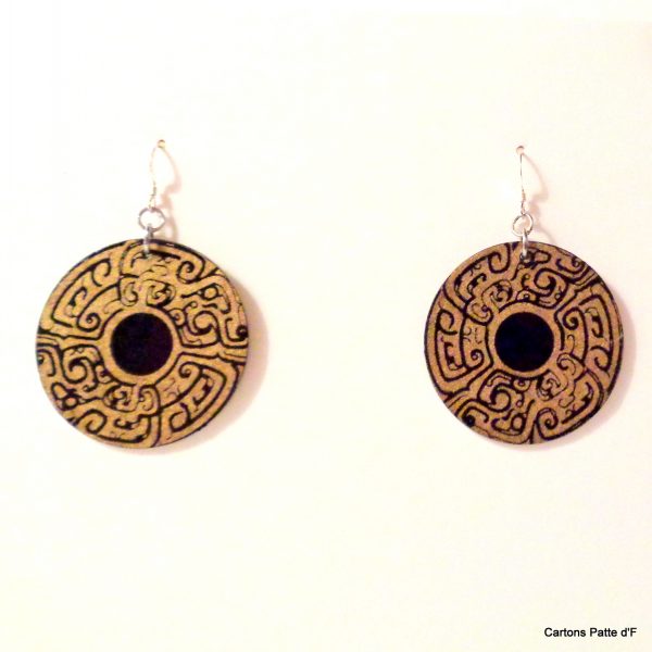 Boucles d'oreille en carton - Rondes - Noir Or - Argent 925