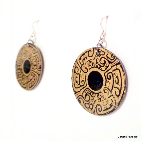Boucles d'oreille en carton - Rondes - Noir Or - Argent 925