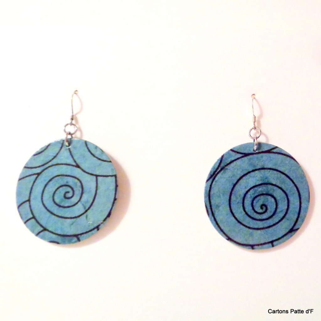 Boucles d'oreille en carton - Rondes - Bleu Spirales - Argent 925