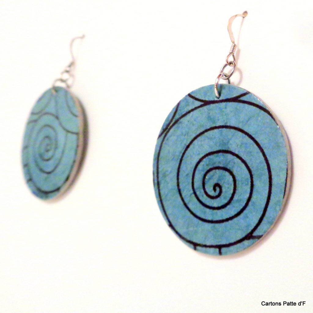 Boucles d'oreille en carton - Rondes - Bleu Spirales - Argent 925