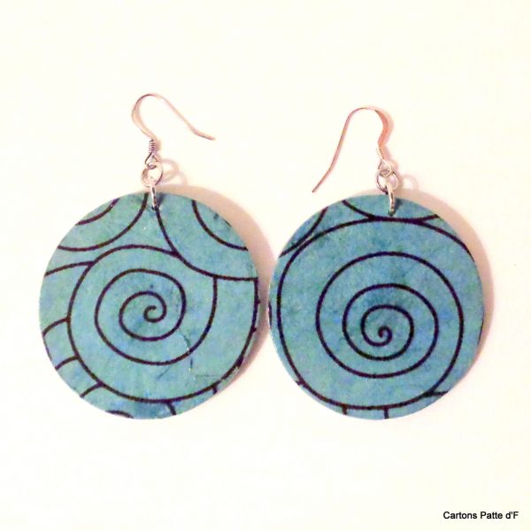 Boucles d'oreille en carton - Rondes - Bleu Spirales - Argent 925