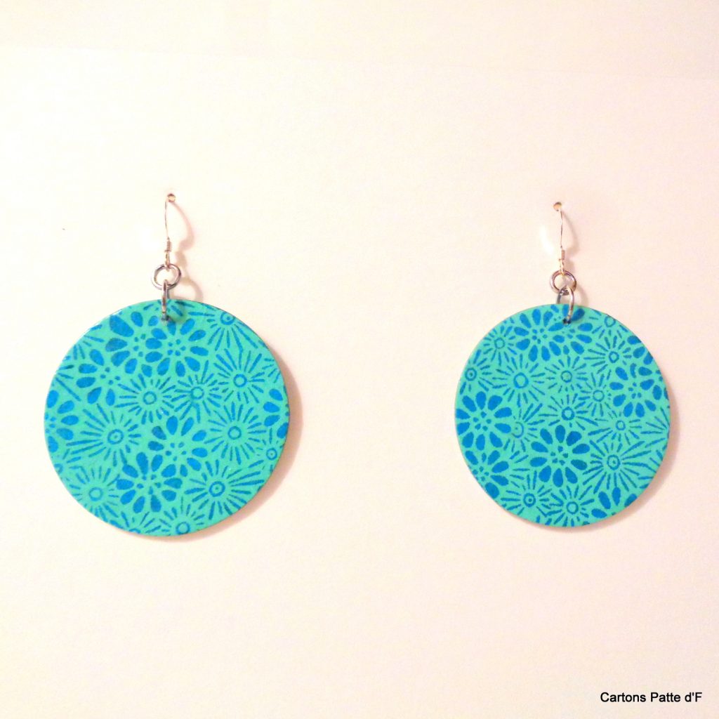 Boucles d'oreille en carton - Rondes - Fleurs Bleu turquoise - Argent 925