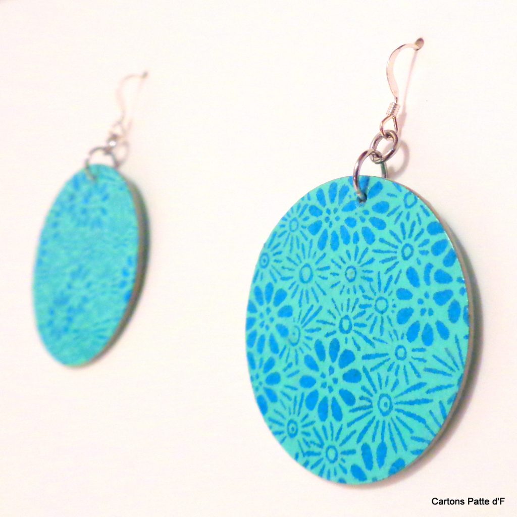 Boucles d'oreille en carton - Rondes - Fleurs Bleu turquoise - Argent 925