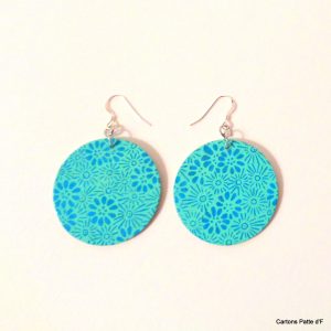 Boucles d'oreille en carton - Rondes - Fleurs Bleu turquoise - Argent 925 – Image 2