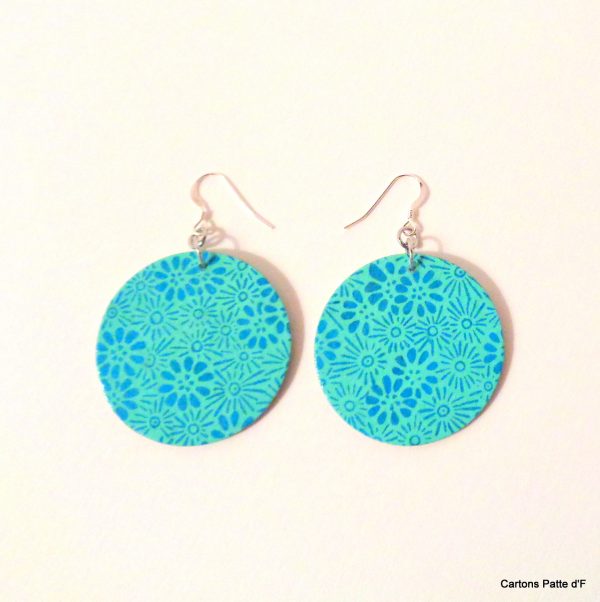 Boucles d'oreille en carton - Rondes - Fleurs Bleu turquoise - Argent 925