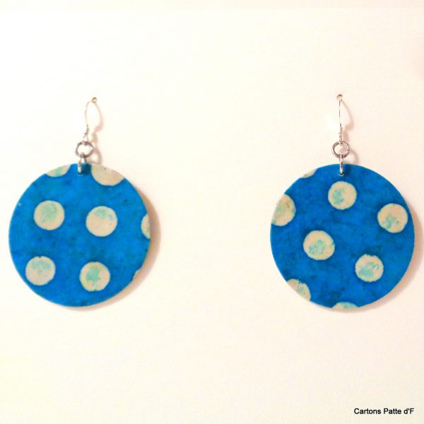 Boucles d'oreille en carton - Rondes - Bleu pois - Argent 925