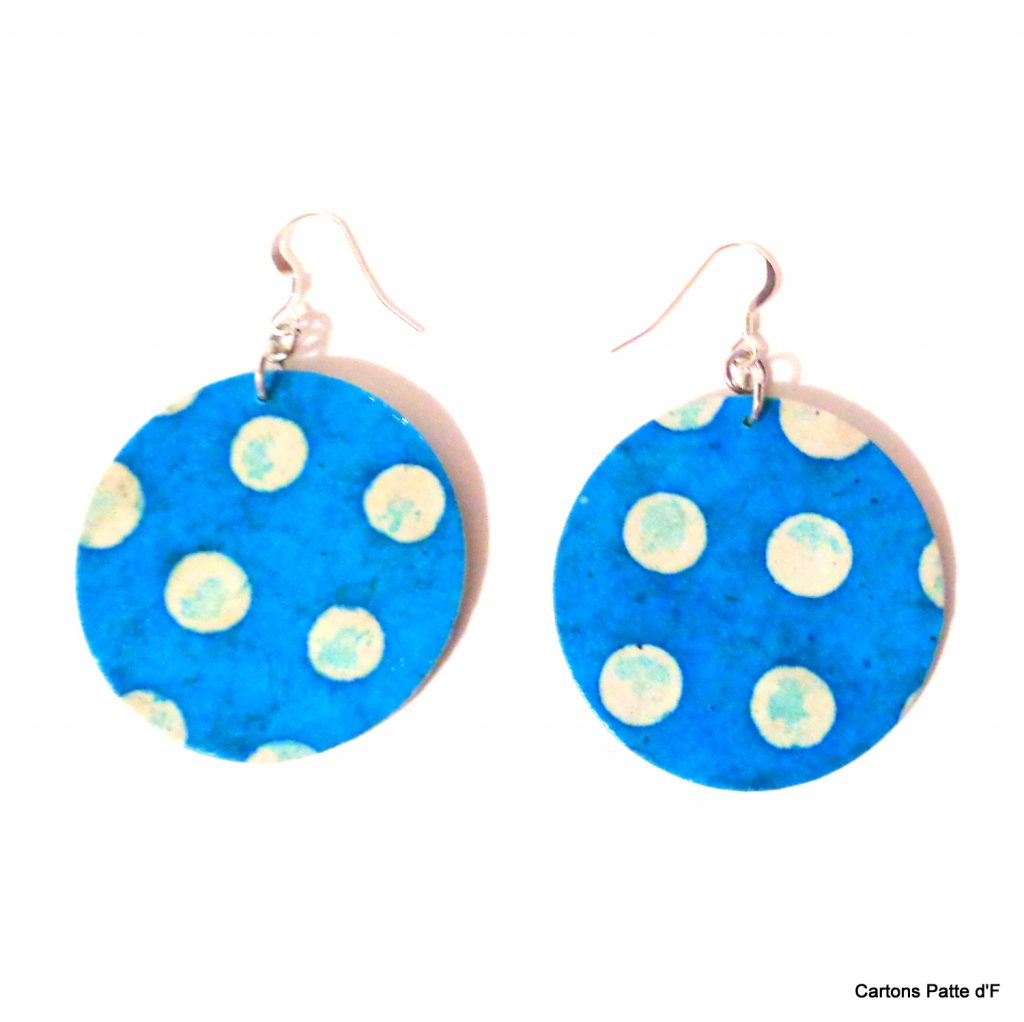 Boucles d'oreille en carton - Rondes - Bleu pois - Argent 925