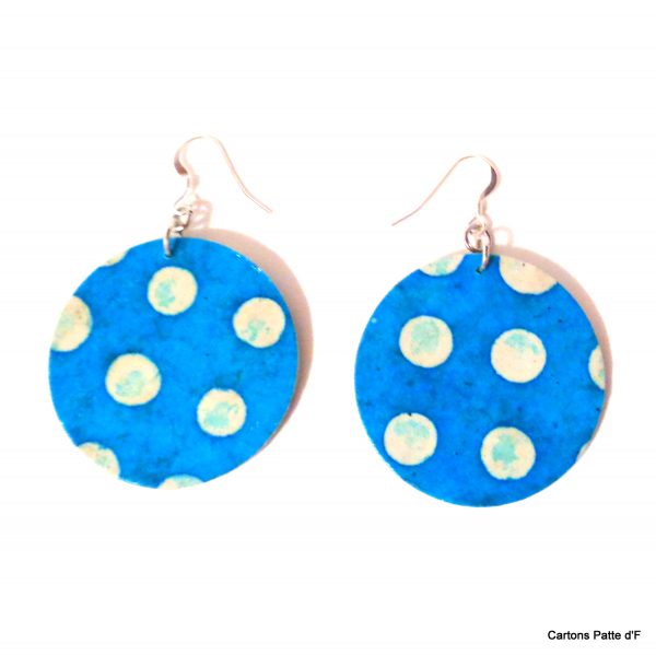 Boucles d'oreille en carton - Rondes - Bleu pois - Argent 925