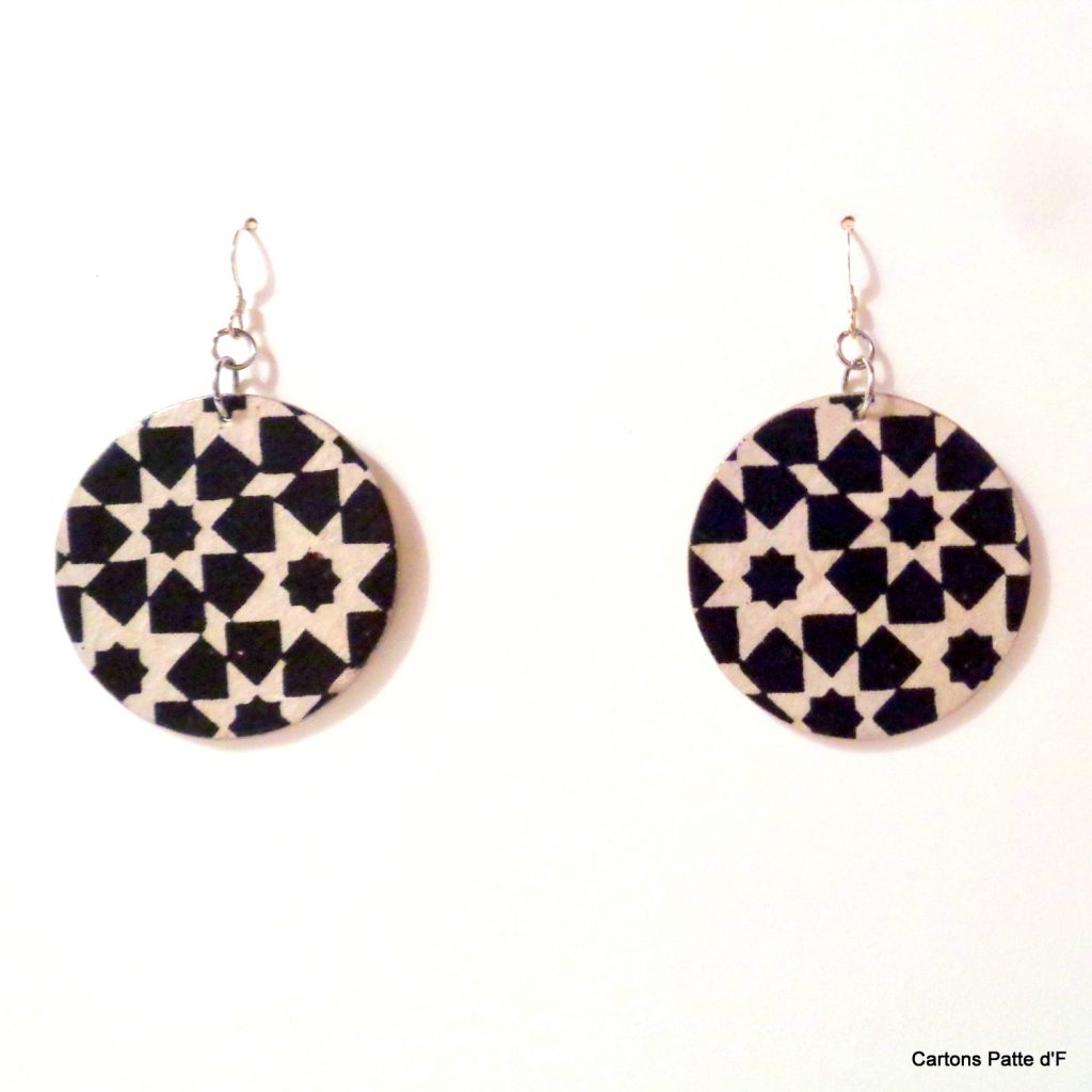 Boucles d'oreille en carton - Rondes - Noir Istanbul - Argent 925
