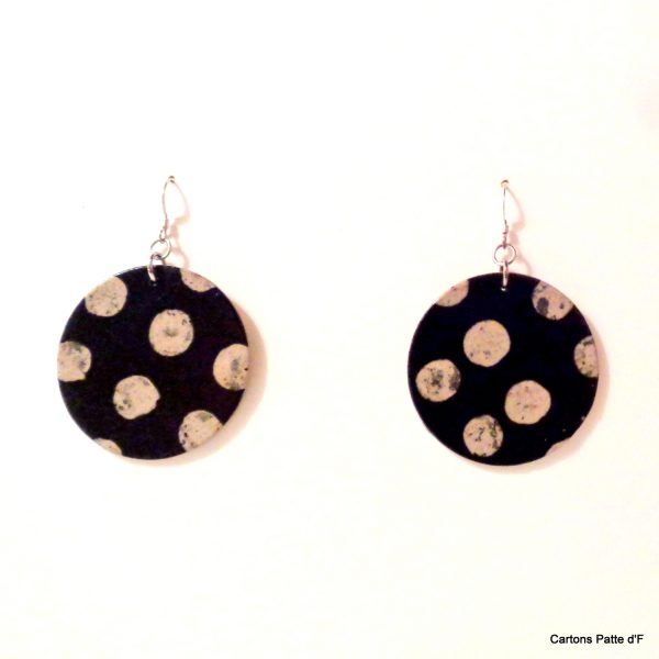 Boucles d'oreille en carton - Rondes - Noir pois - Argent 925