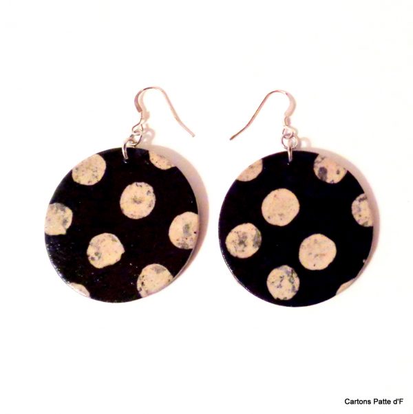 Boucles d'oreille en carton - Rondes - Noir pois - Argent 925