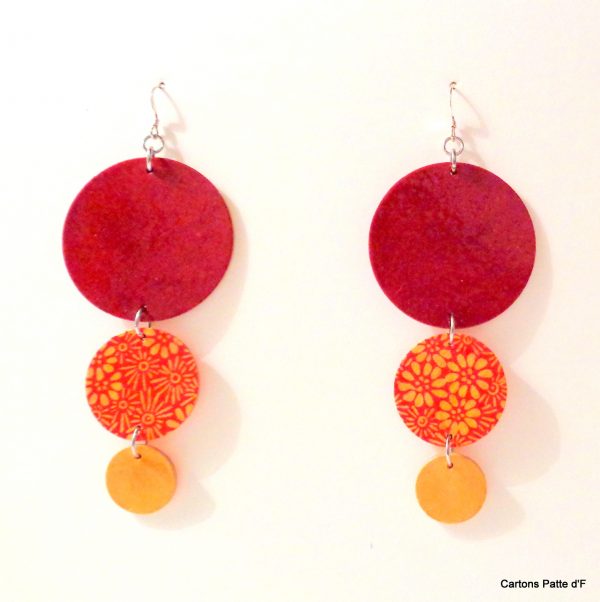 Boucles d'oreille en carton - Longues rondes - Rouge carmin/Orange à fleurs/Jaune ocre - Argent 925