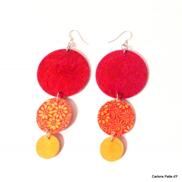 Boucles d'oreille en carton - Longues rondes - Rouge carmin/Orange à fleurs/Jaune ocre - Argent 925