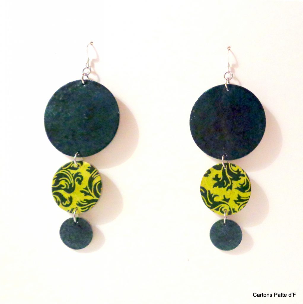 Boucles d'oreille en carton - Longues rondes - Vert forêt/Vert Baroque - Argent 925