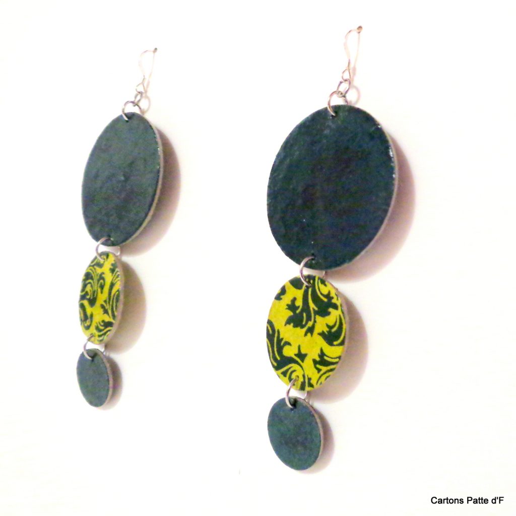 Boucles d'oreille en carton - Longues rondes - Vert forêt/Vert Baroque - Argent 925