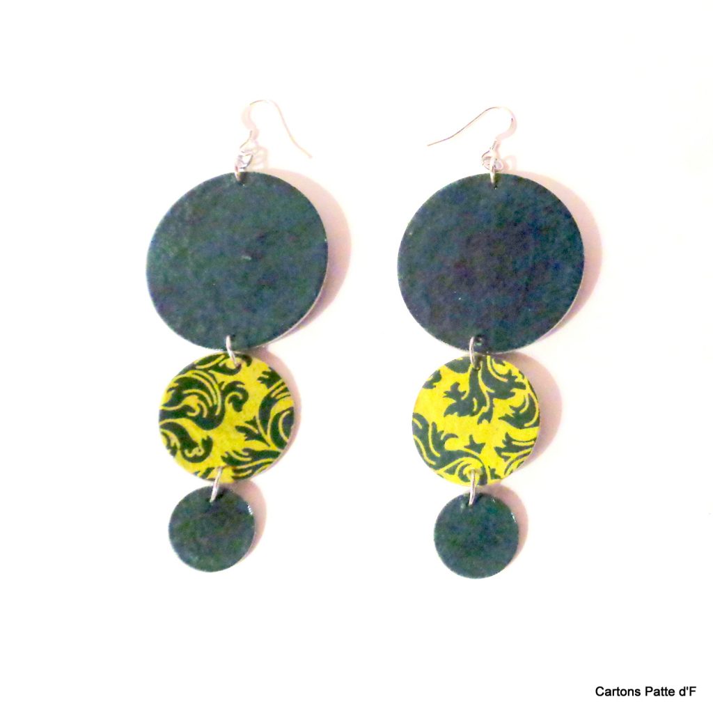 Boucles d'oreille en carton - Longues rondes - Vert forêt/Vert Baroque - Argent 925