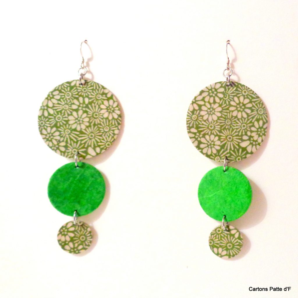 Boucles d'oreille en carton - Longues rondes - Vert Fleurs/Vert Prairie - Argent 925
