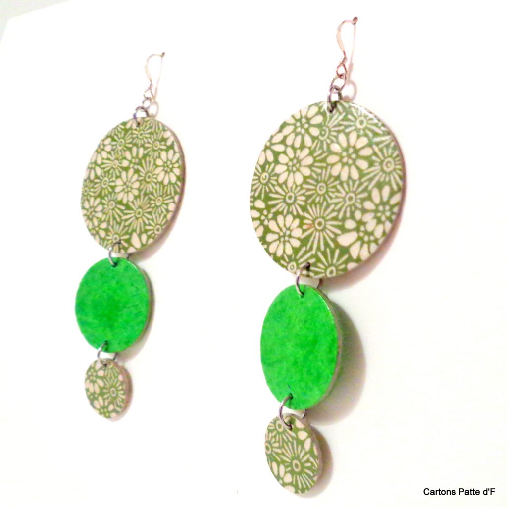 Boucles d'oreille en carton - Longues rondes - Vert Fleurs/Vert Prairie - Argent 925