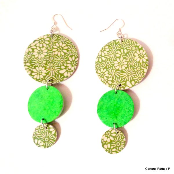 Boucles d'oreille en carton - Longues rondes - Vert Fleurs/Vert Prairie - Argent 925