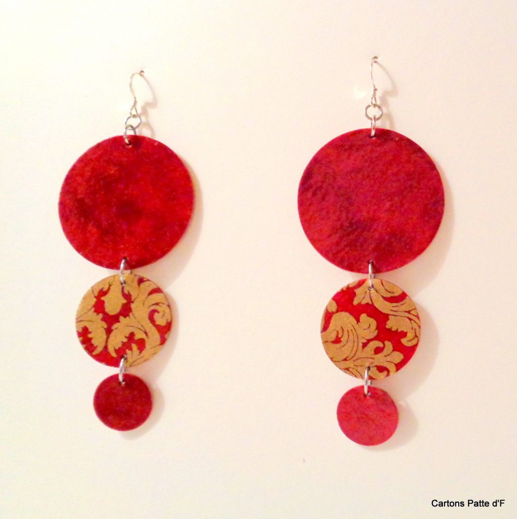 Boucles d'oreille en carton - Longues rondes - Rouge carmin/Or rouge - Argent 925