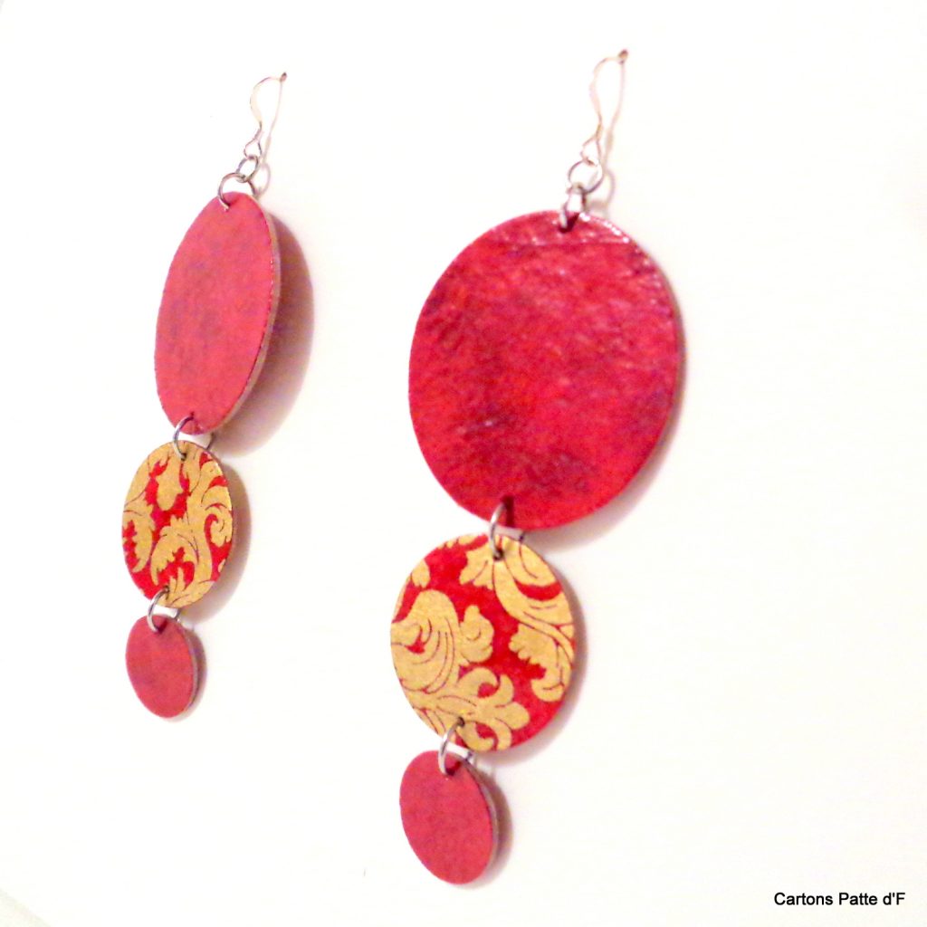Boucles d'oreille en carton - Longues rondes - Rouge carmin/Or rouge - Argent 925