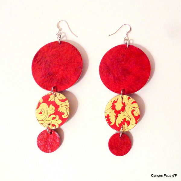 Boucles d'oreille en carton - Longues rondes - Rouge carmin/Or rouge - Argent 925
