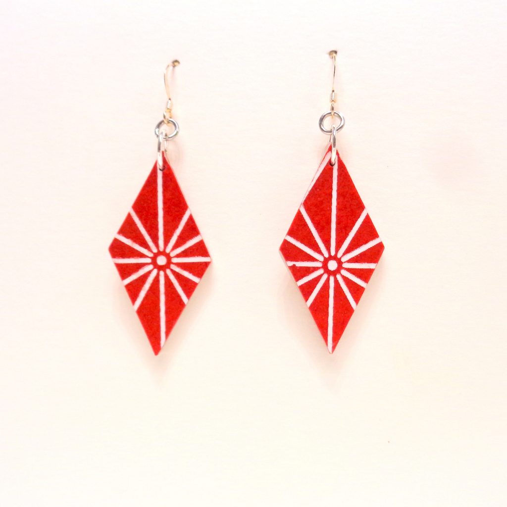 Boucles d'oreille en carton - Losange - "Rouge étoilé" - Argent 925