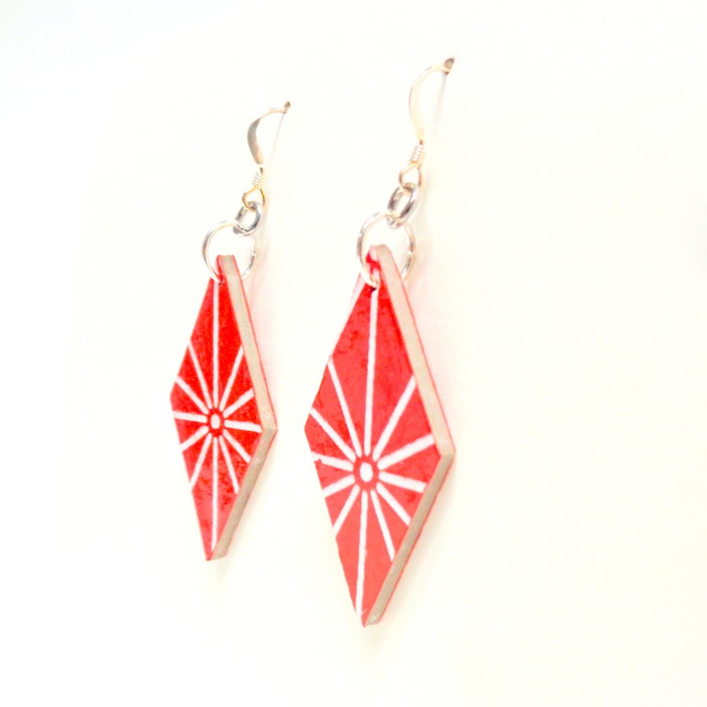 Boucles d'oreille en carton - Losange - "Rouge étoilé"  - Argent 925