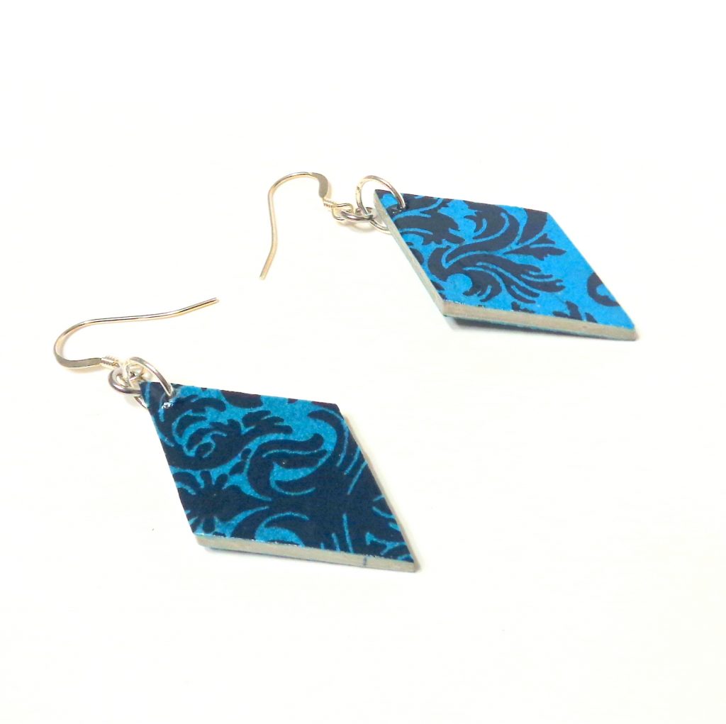 Boucles d'oreille en carton - Losange - "Bleu Baroque" - Argent 925