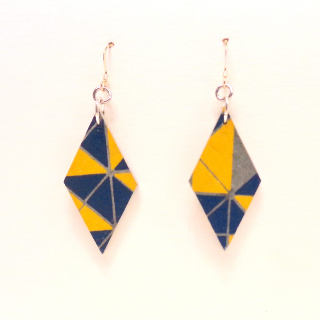 Boucles d'oreille en carton - Losange - "Bleu/jaune Géo" - Argent 925
