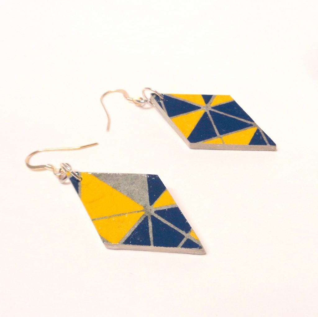 Boucles d'oreille en carton - Losange - "Bleu/jaune Géo" - Argent 925