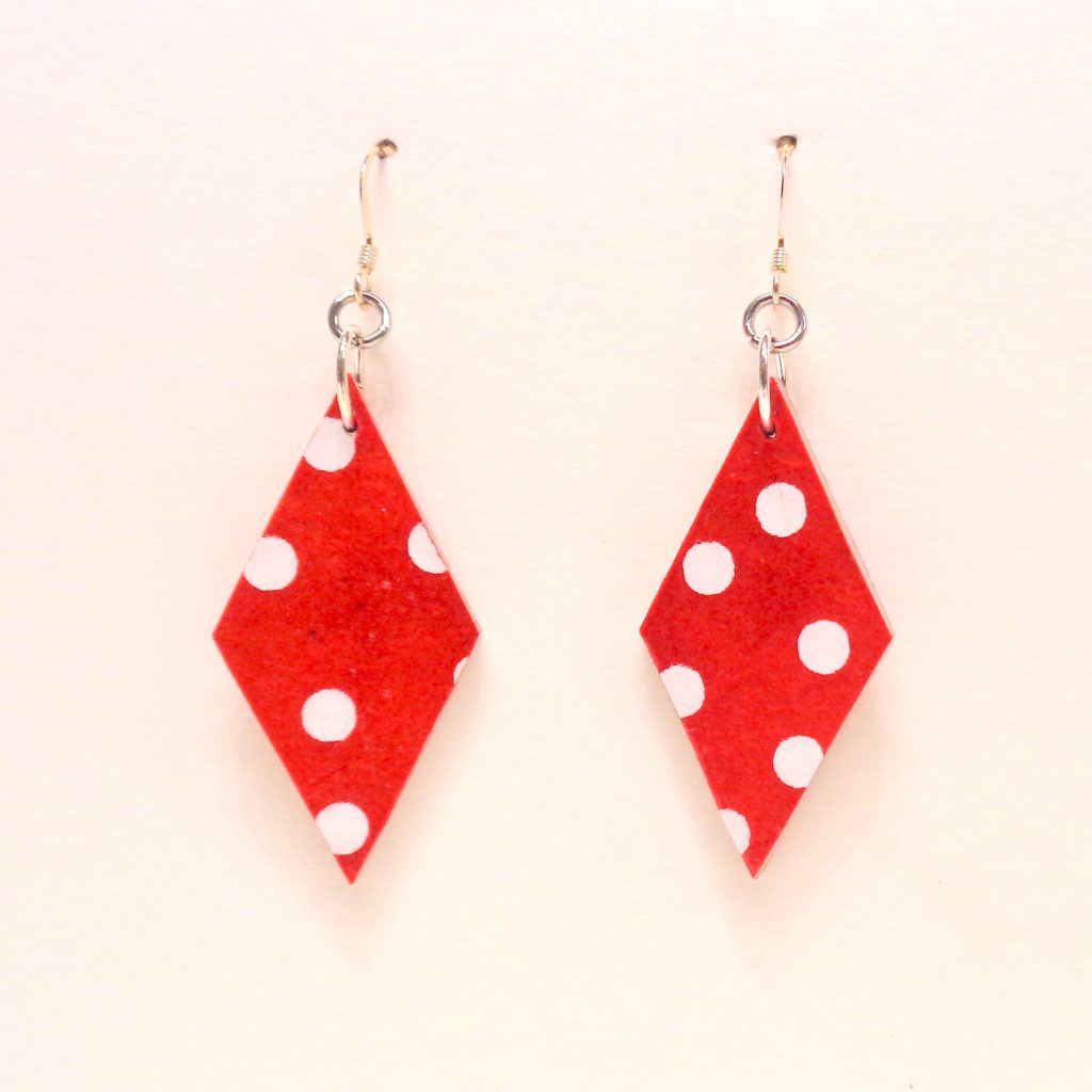 Boucles d'oreille en carton - Losange - "Rouge petit pois"  - Argent 925