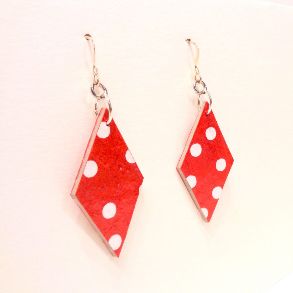 Boucles d'oreille en carton - Losange - "Rouge petit pois"  - Argent 925