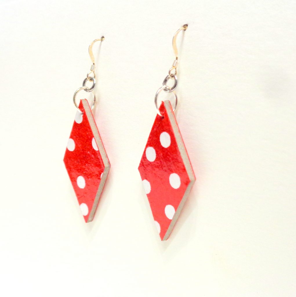 Boucles d'oreille en carton - Losange - "Rouge petit pois"  - Argent 925
