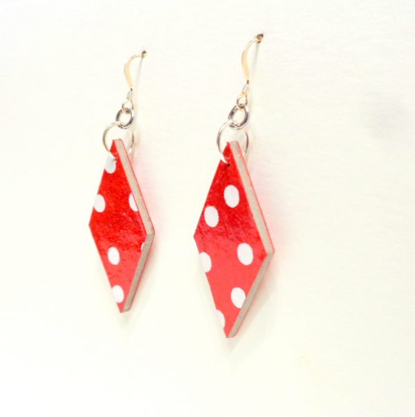 Boucles d'oreille en carton - Losange - "Rouge petit pois" - Argent 925