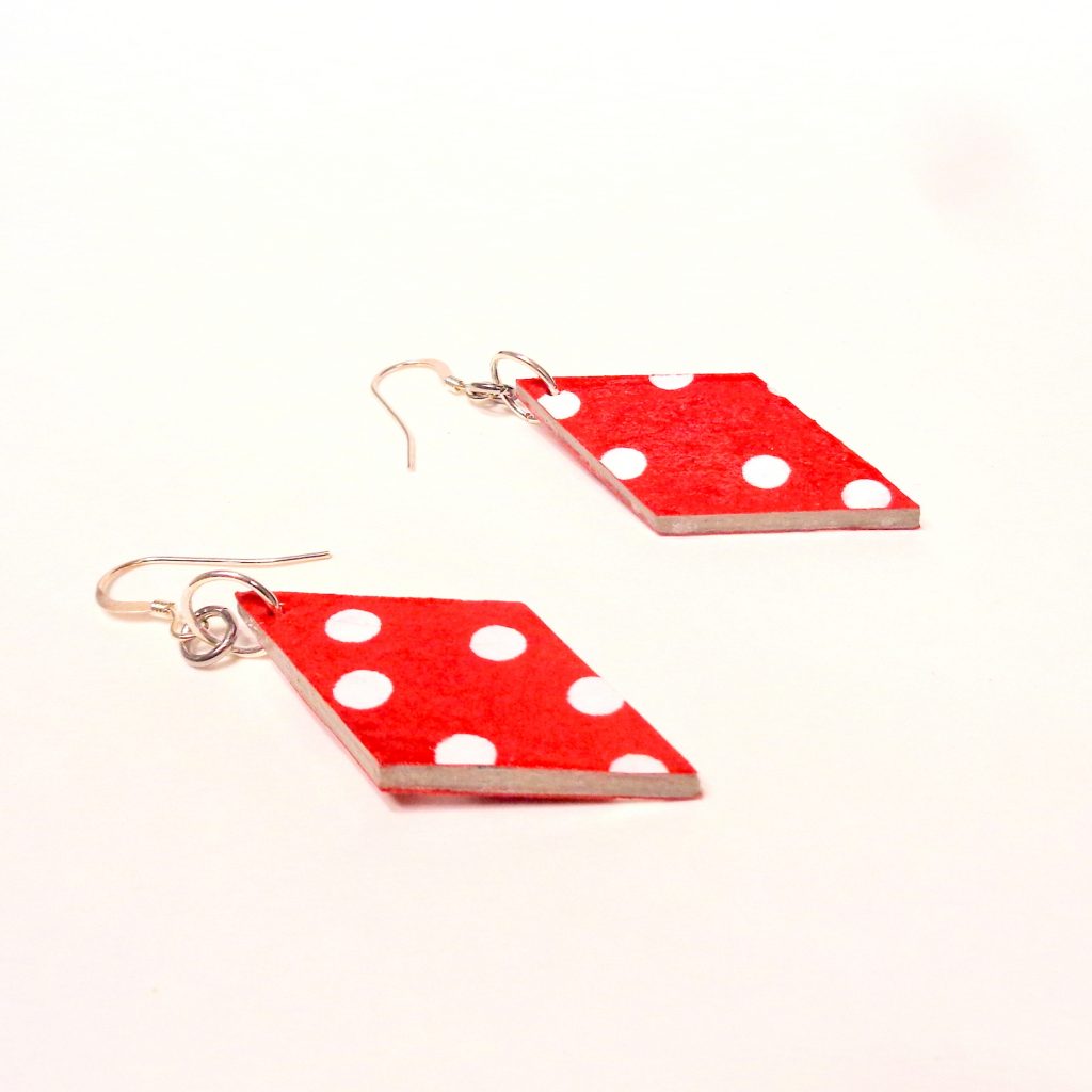 Boucles d'oreille en carton - Losange - "Rouge petit pois"  - Argent 925