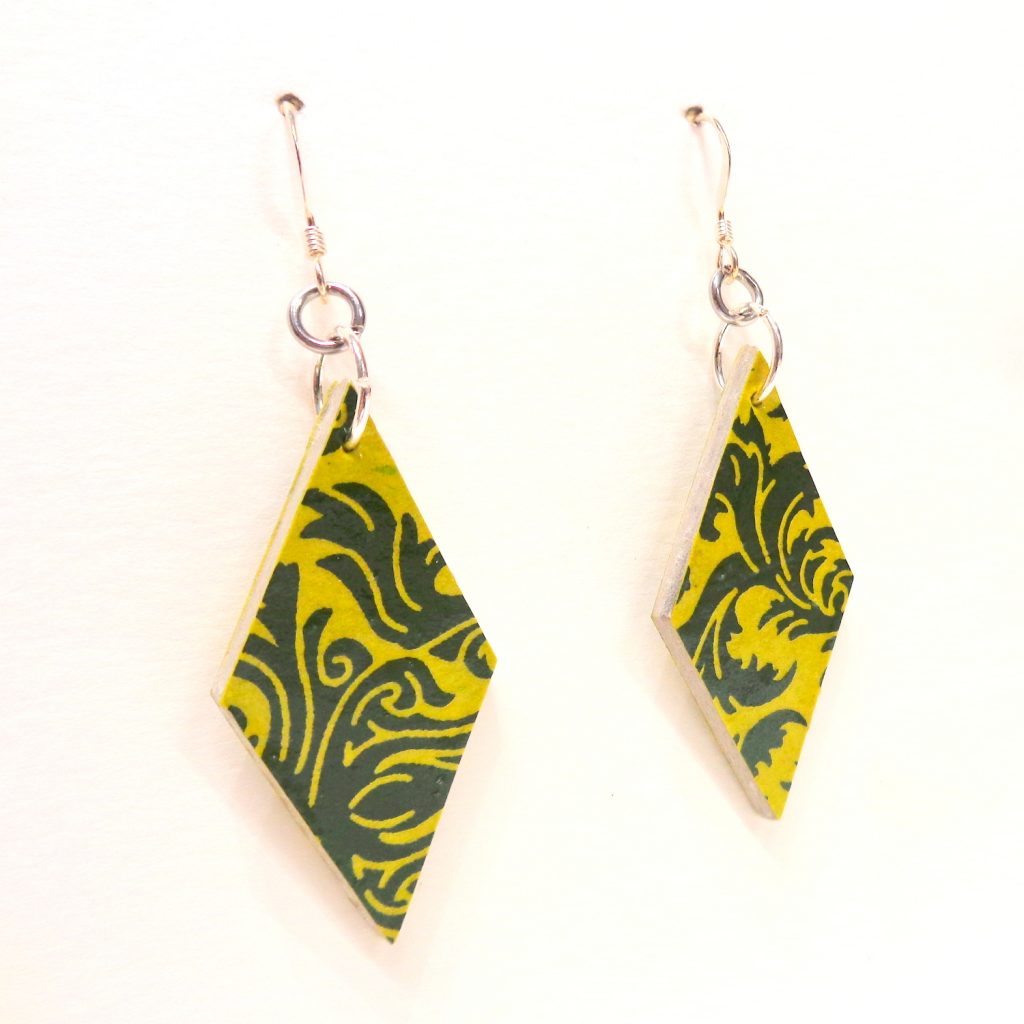 Boucles d'oreille en carton - Losange - "Vert Baroque" - Argent 925
