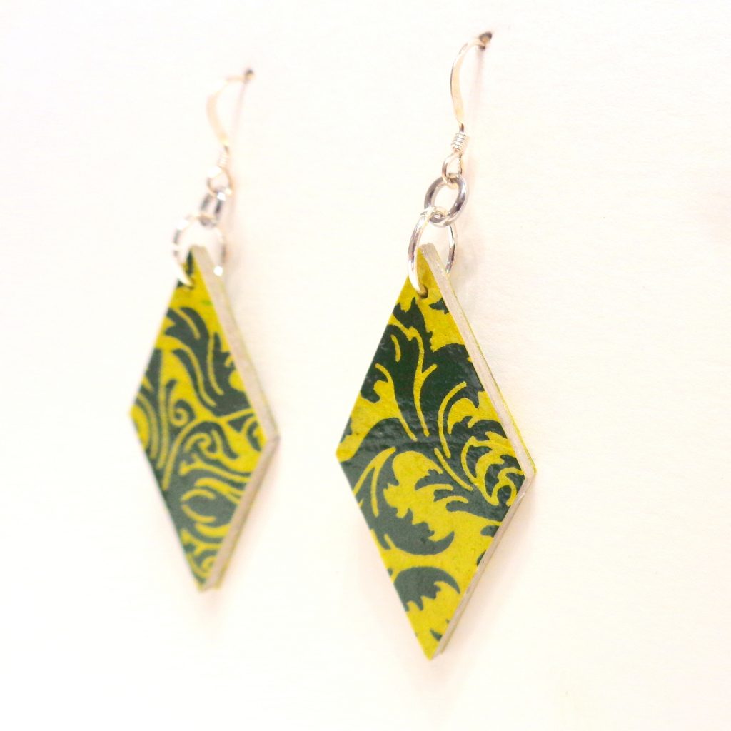 Boucles d'oreille en carton - Losange - "Vert Baroque" - Argent 925
