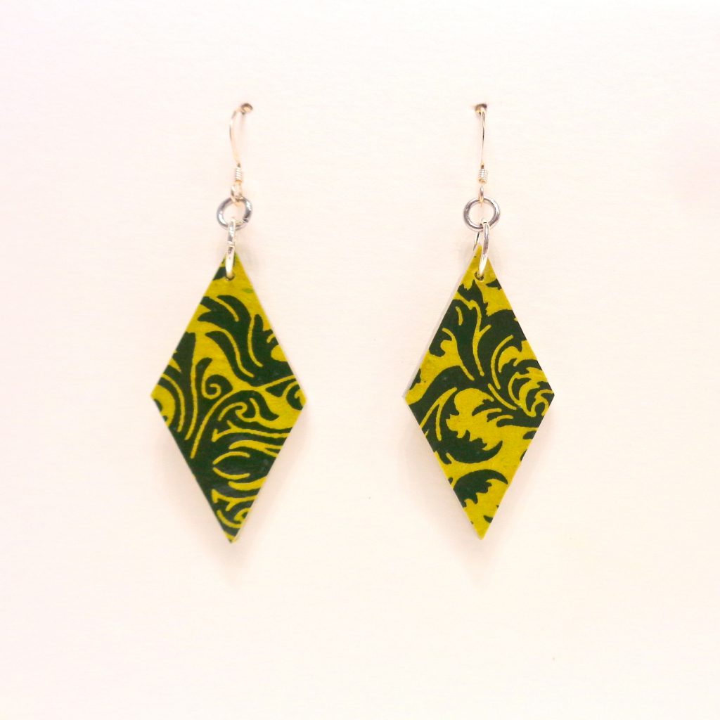Boucles d'oreille en carton - Losange - "Vert Baroque" - Argent 925