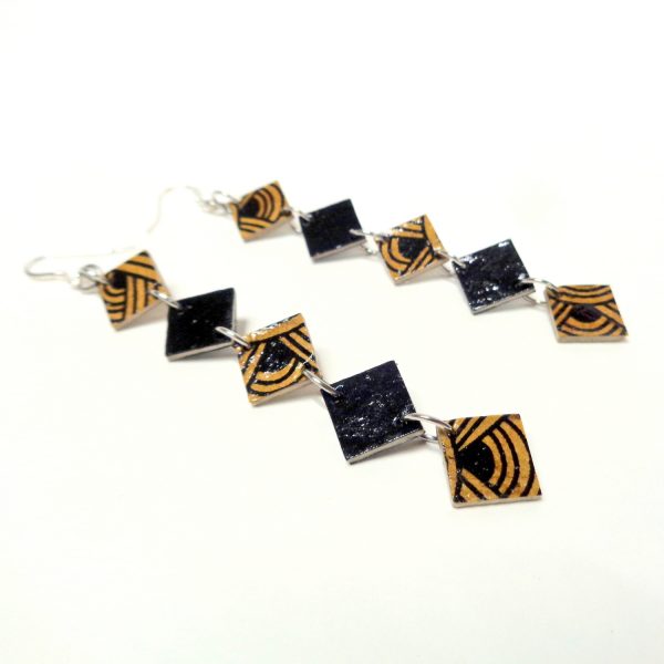 Boucles d'oreille en carton - Longues fines - Marron noeuds/Noir - Argent 925