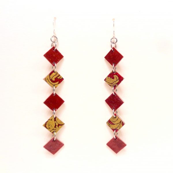 Boucles d'oreille en carton - Longues fines - Rouge Carmin/Or Rouge - Argent 925