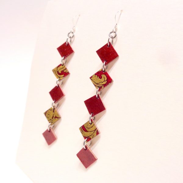 Boucles d'oreille en carton - Longues fines - Rouge Carmin/Or Rouge - Argent 925