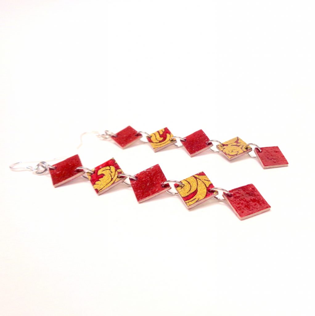 Boucles d'oreille en carton - Longues fines - Rouge Carmin/Or Rouge - Argent 925