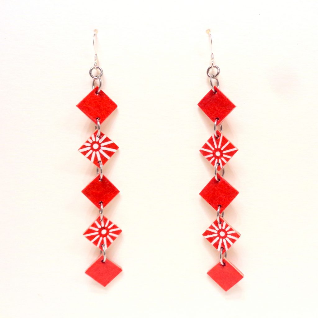 Boucles d'oreille en carton - Longues fines - Rouge/Rouge étoilé - Argent 925
